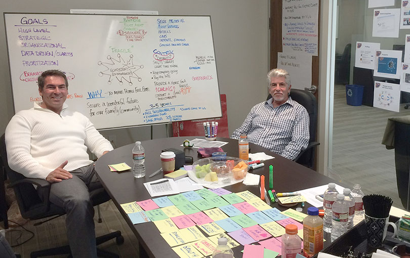 A group of people sitting at a table with post it notes.
