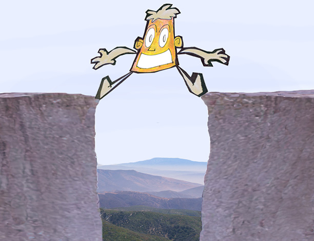 A cartoon of a person jumping over some rocks