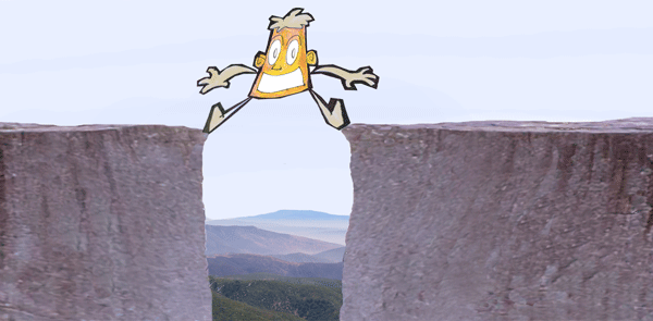 A cartoon of a person jumping over a cliff
